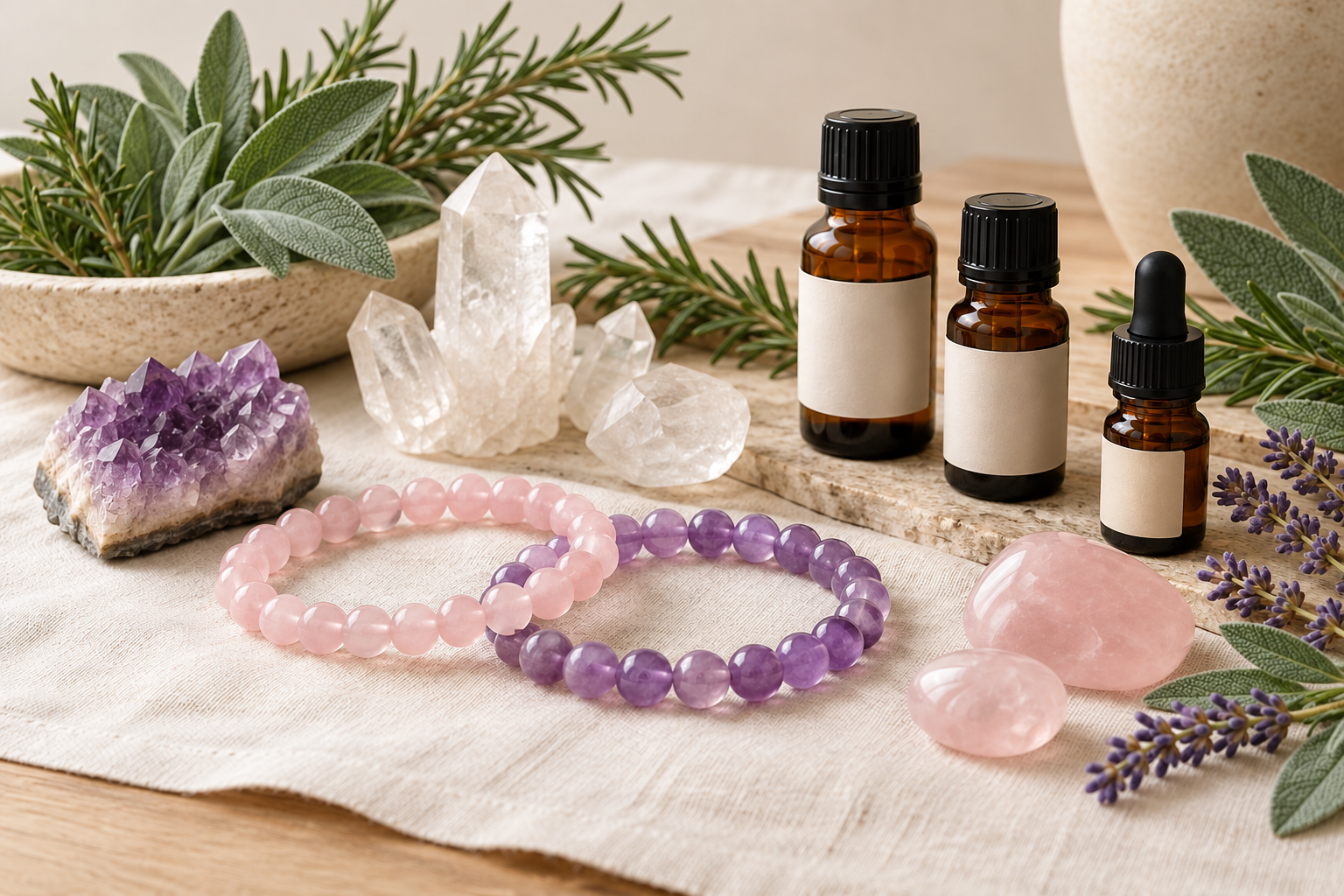 Cristalli, braccialetti di pietre, oli essenziali, lavanda, salvia e rosmarino