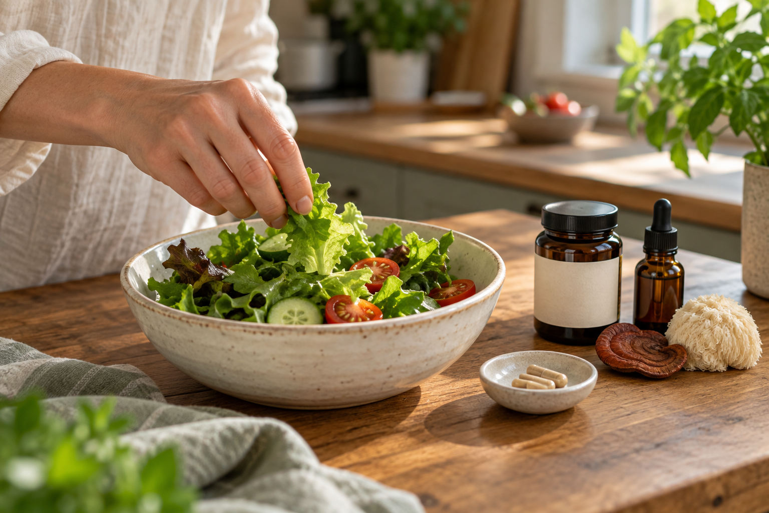 Preparazione di un’insalata con integratori in capsule, un flacone con contagocce e funghi accanto